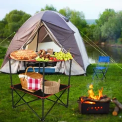 Hopfällbart campingbord 72 cm med dryckeshållare & transportväska