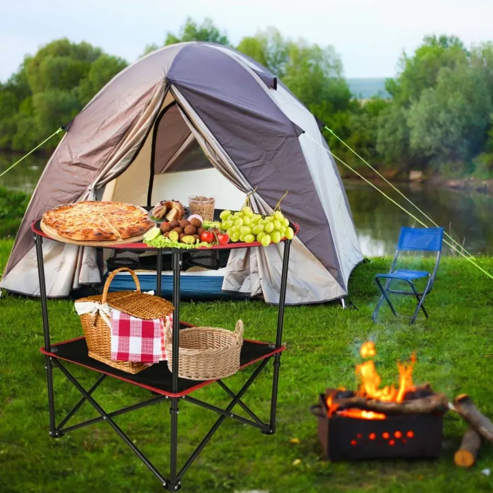 Hopfällbart campingbord 72 cm med dryckeshållare & transportväska