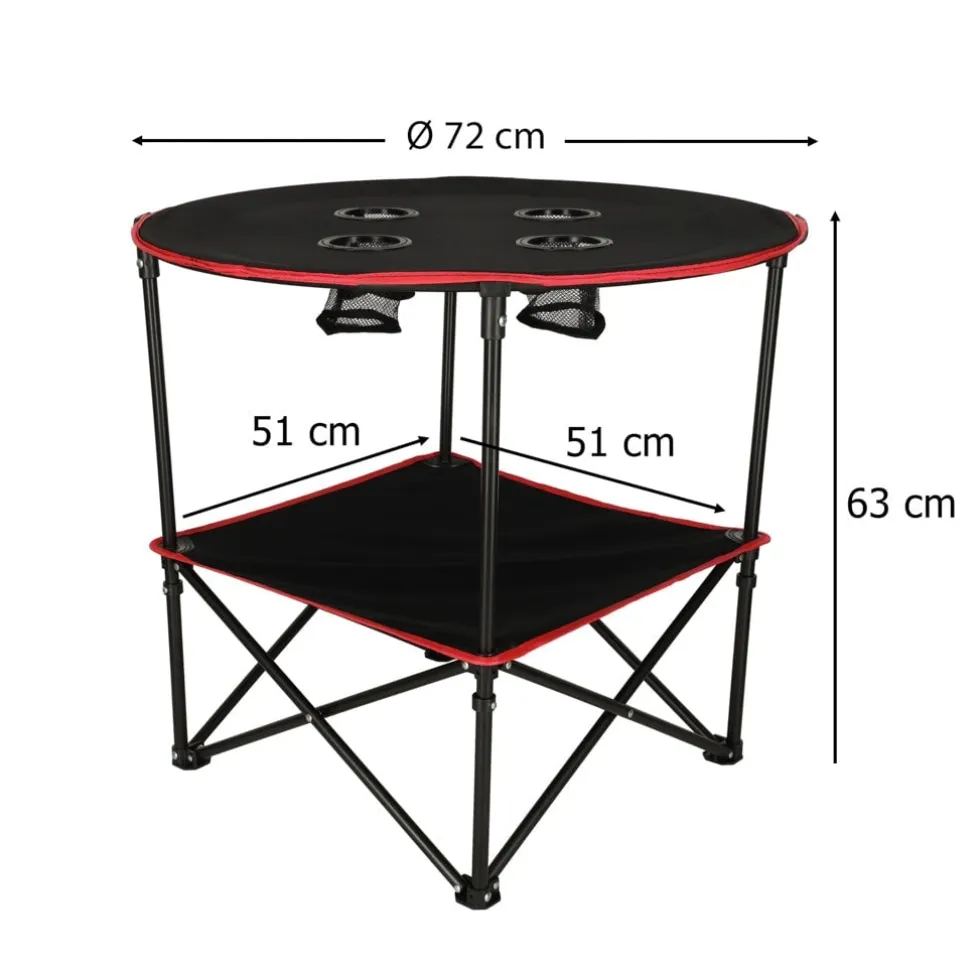 Hopfällbart campingbord 72 cm med dryckeshållare & transportväska