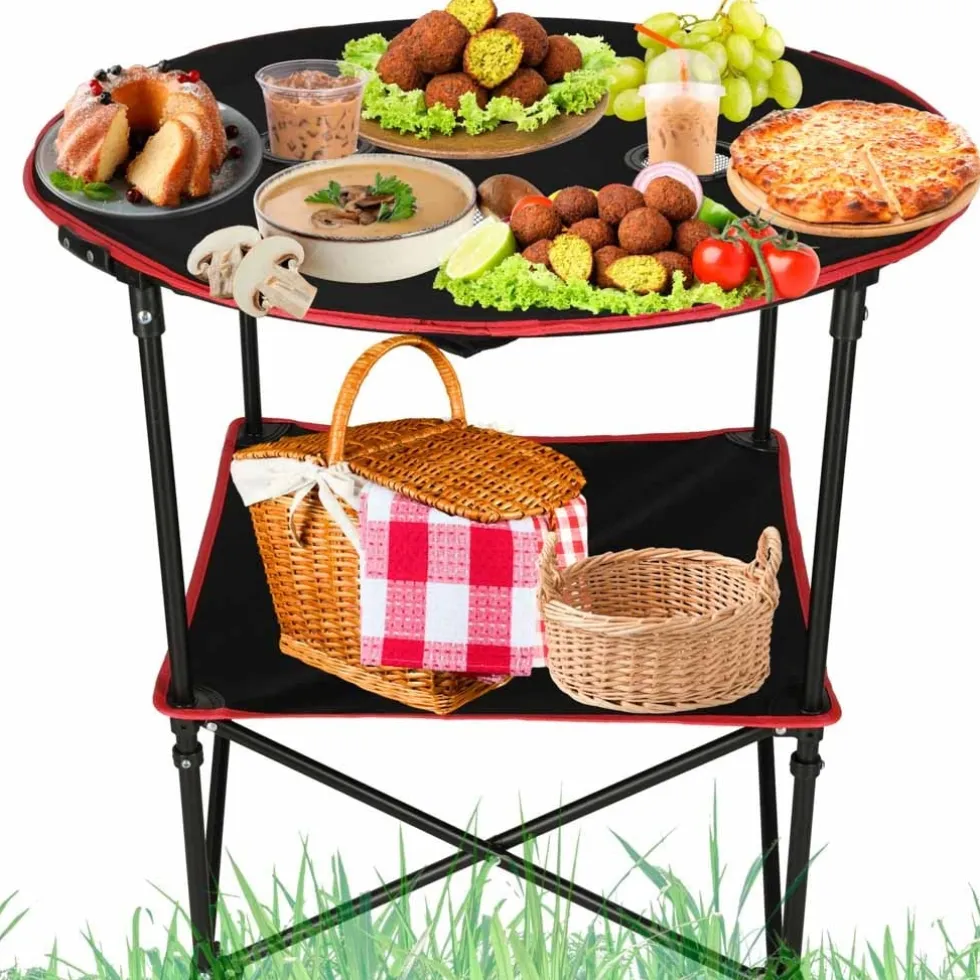 Hopfällbart campingbord 72 cm med dryckeshållare & transportväska