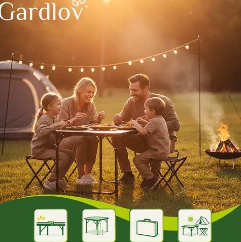 Hopfällbart campingbord med 4 stolar, justerbar höjd, svart