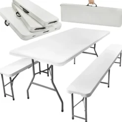 Hopfällbart campingbord / Trädgårdsbord med två bänkar