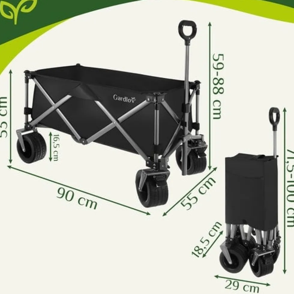 Hopfällbar transportvagn 150L 200kg off-road hjul broms svart