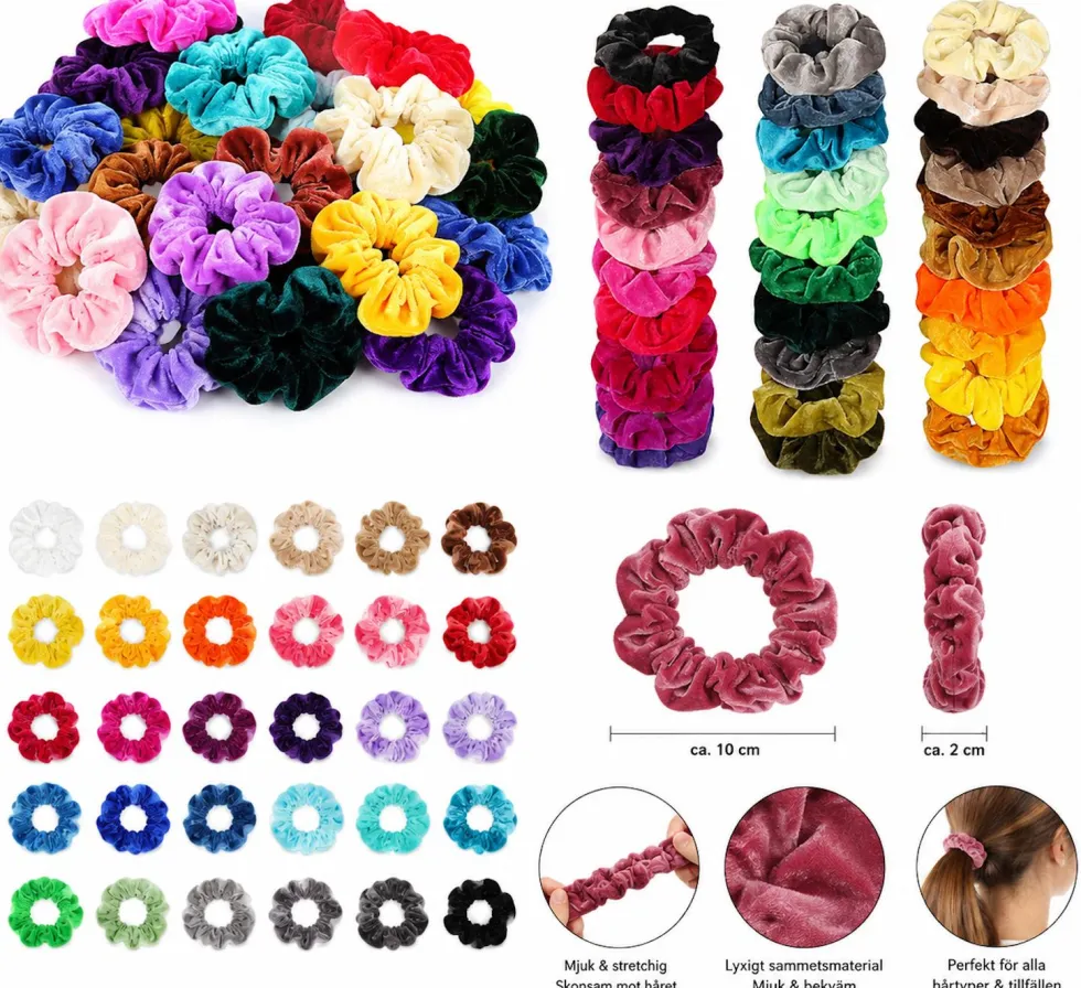 Hårsnoddar scrunchies i sammet 36-pack elastiska, slumpmässiga färger