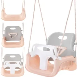 3-i-1 barnsväng med ryggstöd, räcke och bälte 30 kg grå/beige