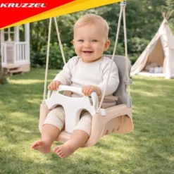 3-i-1 barnsväng med ryggstöd, räcke och bälte 30 kg grå/beige