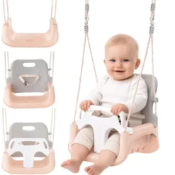 3-i-1 barnsväng med ryggstöd, räcke och bälte 30 kg grå/beige