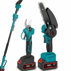 4-i-1 Batteridriven 3500W Borstlös Beskärningssax & Mini Motorsåg med Förlängningsskaft 2m – 6” Kedjesåg, 2 Batterier