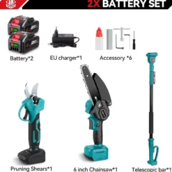 4-i-1 Batteridriven 3500W Borstlös Beskärningssax & Mini Motorsåg med Förlängningsskaft 2m – 6” Kedjesåg, 2 Batterier