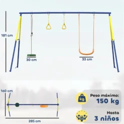 3-i-1-gunga för barn: Klassisk och stående gunga med gymnastikringar, 150 kg viktkapacitet, för barn i åldrarna 3-8, flerfärgad
