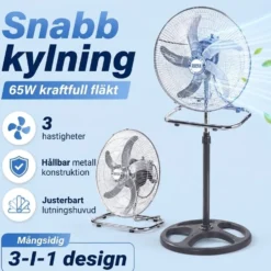 3-i-1 industrifläkt i metall 65W - Golv-, bords- och väggfläkt i ett - 3 hastigheter och kraftig luftcirkulation - För hem, garage och lager