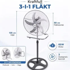 3-i-1 industrifläkt i metall 65W - Golv-, bords- och väggfläkt i ett - 3 hastigheter och kraftig luftcirkulation - För hem, garage och lager