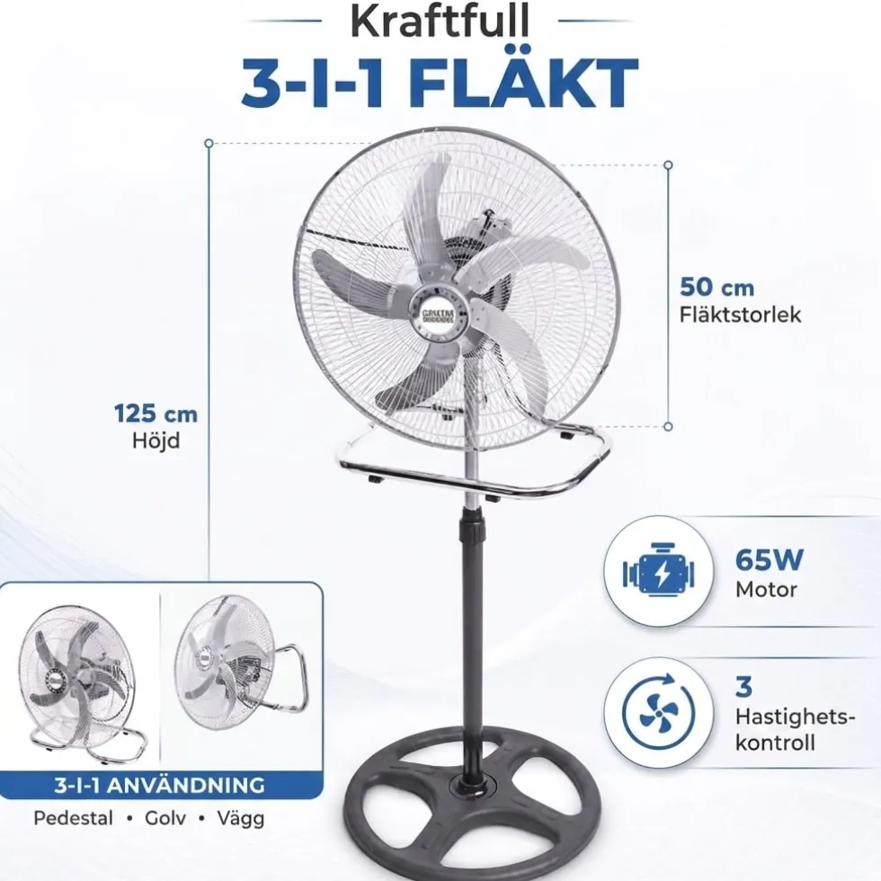 3-i-1 industrifläkt i metall 65W - Golv-, bords- och väggfläkt i ett - 3 hastigheter och kraftig luftcirkulation - För hem, garage och lager