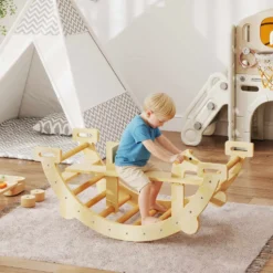 2-i-1 klätterbåge och gunghäst i trä, Montessoriklätterställning för barn 2-4 år, naturlig