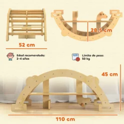 2-i-1 klätterbåge och gunghäst i trä, Montessoriklätterställning för barn 2-4 år, naturlig