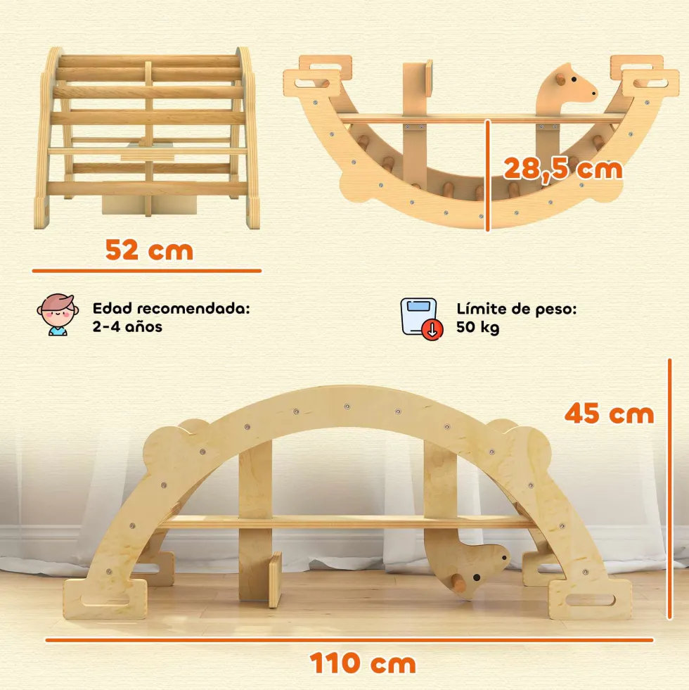 2-i-1 klätterbåge och gunghäst i trä, Montessoriklätterställning för barn 2-4 år, naturlig