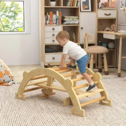 2-i-1 klätterbåge och gunghäst i trä, Montessoriklätterställning för barn 2-4 år, naturlig