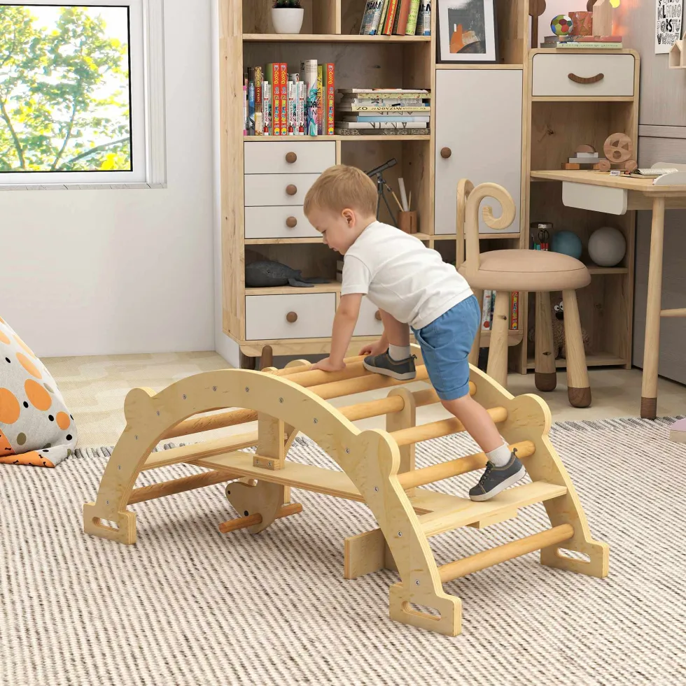 2-i-1 klätterbåge och gunghäst i trä, Montessoriklätterställning för barn 2-4 år, naturlig