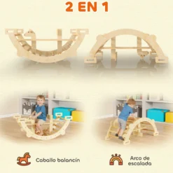 2-i-1 klätterbåge och gunghäst i trä, Montessoriklätterställning för barn 2-4 år, naturlig