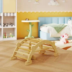 2-i-1 klätterbåge och gunghäst i trä, Montessoriklätterställning för barn 2-4 år, naturlig