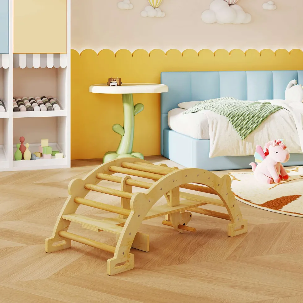 2-i-1 klätterbåge och gunghäst i trä, Montessoriklätterställning för barn 2-4 år, naturlig