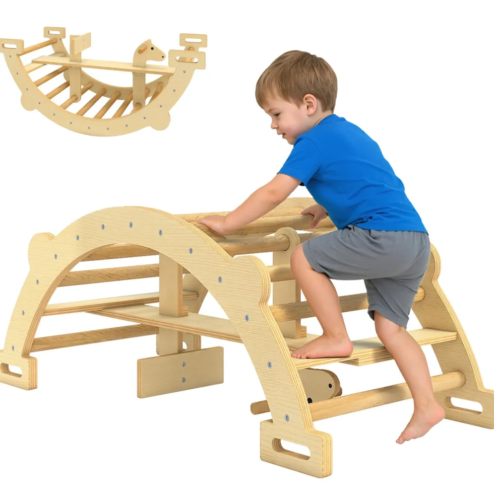 2-i-1 klätterbåge och gunghäst i trä, Montessoriklätterställning för barn 2-4 år, naturlig