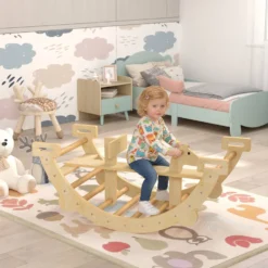 2-i-1 klätterbåge och gunghäst i trä, Montessoriklätterställning för barn 2-4 år, naturlig