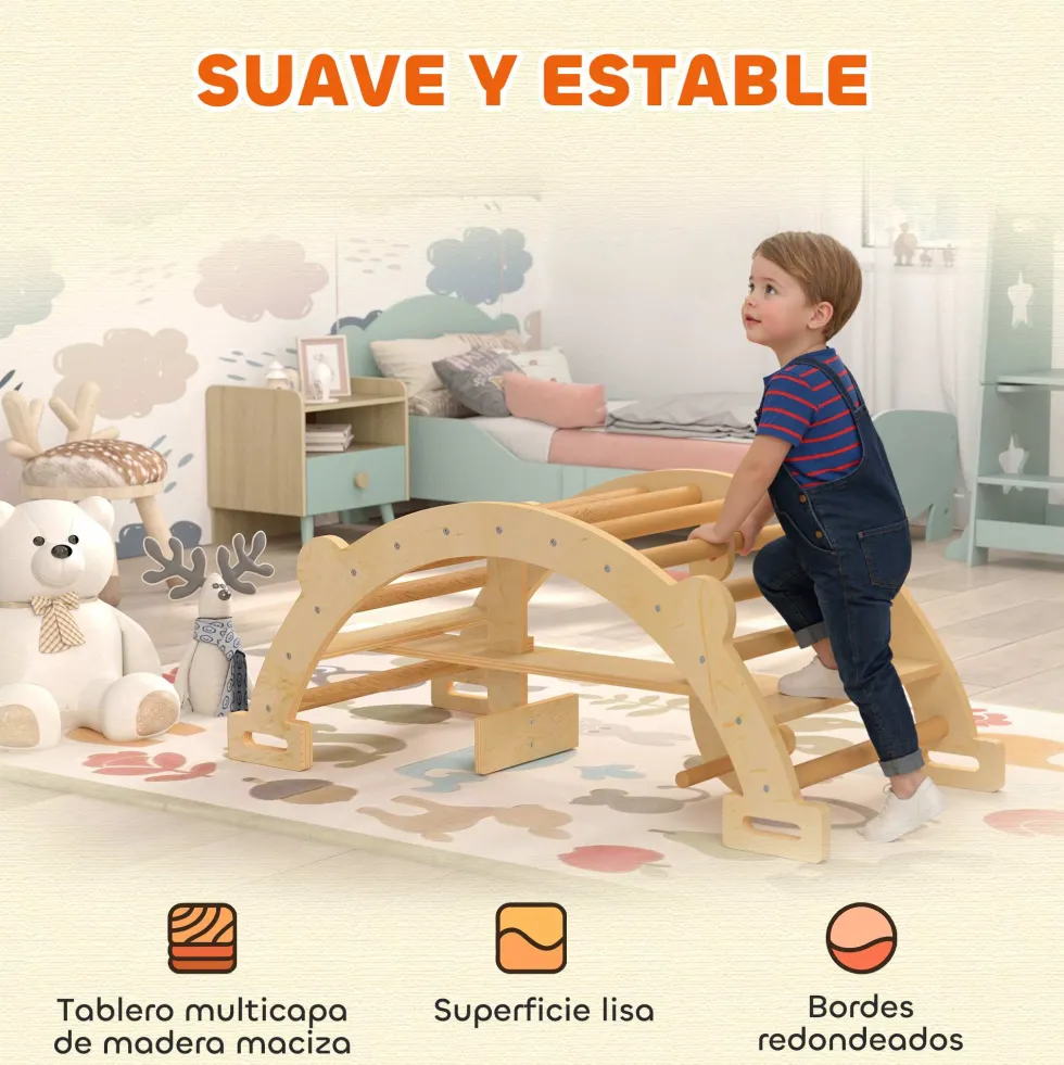 2-i-1 klätterbåge och gunghäst i trä, Montessoriklätterställning för barn 2-4 år, naturlig