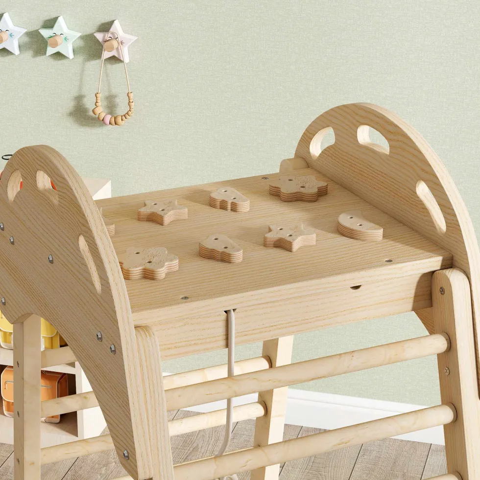 6 i 1 Montessori klättertriangel med plattform och ringar, klätterställning i trä med naturlig rutschkana