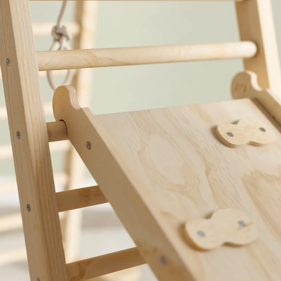 6 i 1 Montessori klättertriangel med plattform och ringar, klätterställning i trä med naturlig rutschkana