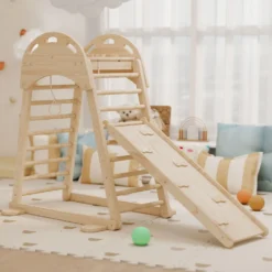 6 i 1 Montessori klättertriangel med plattform och ringar, klätterställning i trä med naturlig rutschkana