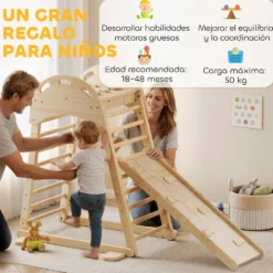 6 i 1 Montessori klättertriangel med plattform och ringar, klätterställning i trä med naturlig rutschkana
