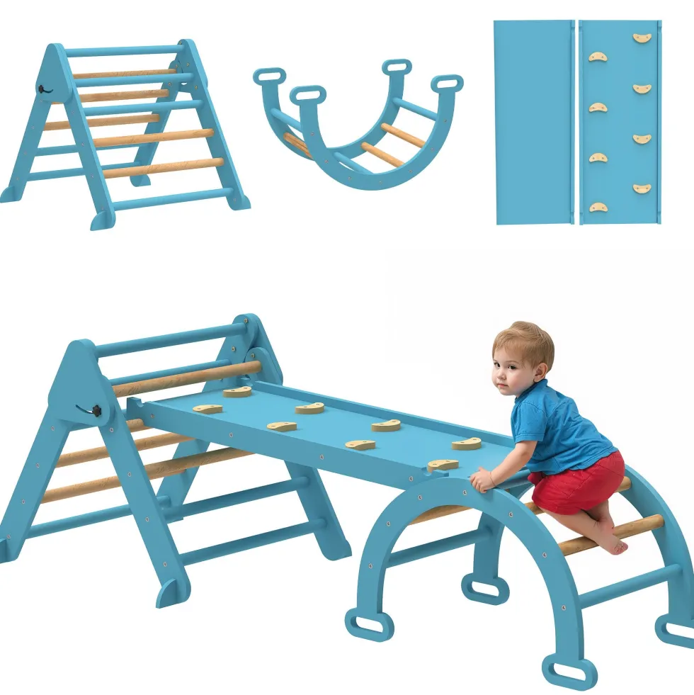7-i-1 Montessori-klättertriangel i trä med båge och ramp för barn 18-48 månader, 188x70 cm, blå