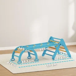 7-i-1 Montessori-klättertriangel i trä med båge och ramp för barn 18-48 månader, 188x70 cm, blå