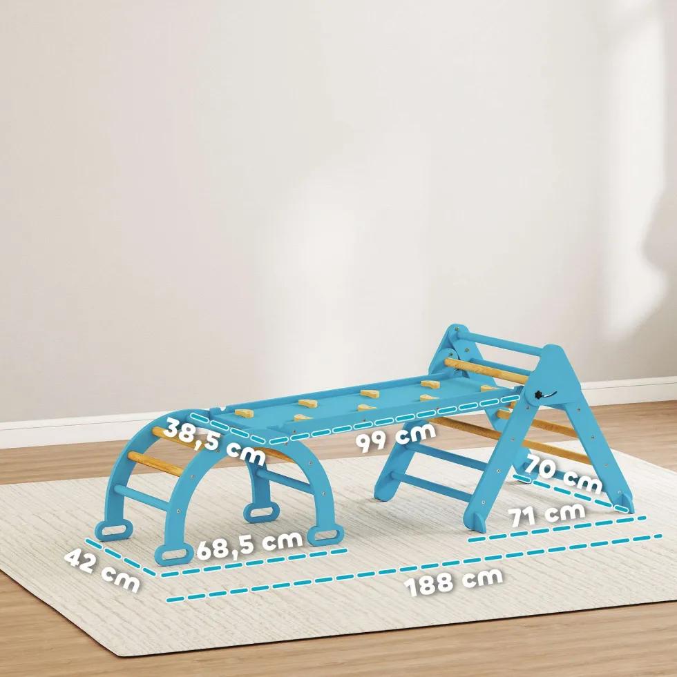 7-i-1 Montessori-klättertriangel i trä med båge och ramp för barn 18-48 månader, 188x70 cm, blå