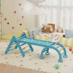 7-i-1 Montessori-klättertriangel i trä med båge och ramp för barn 18-48 månader, 188x70 cm, blå