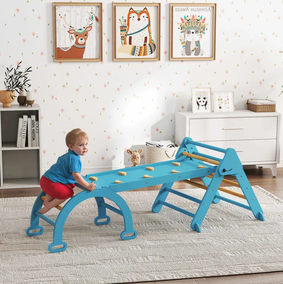 7-i-1 Montessori-klättertriangel i trä med båge och ramp för barn 18-48 månader, 188x70 cm, blå