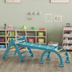 7-i-1 Montessori-klättertriangel i trä med båge och ramp för barn 18-48 månader, 188x70 cm, blå