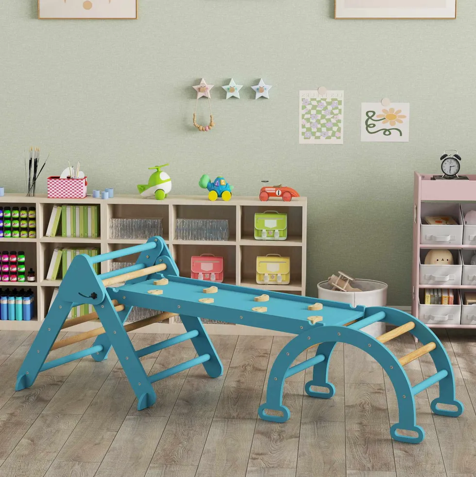 7-i-1 Montessori-klättertriangel i trä med båge och ramp för barn 18-48 månader, 188x70 cm, blå