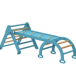 7-i-1 Montessori-klättertriangel i trä med båge och ramp för barn 18-48 månader, 188x70 cm, blå
