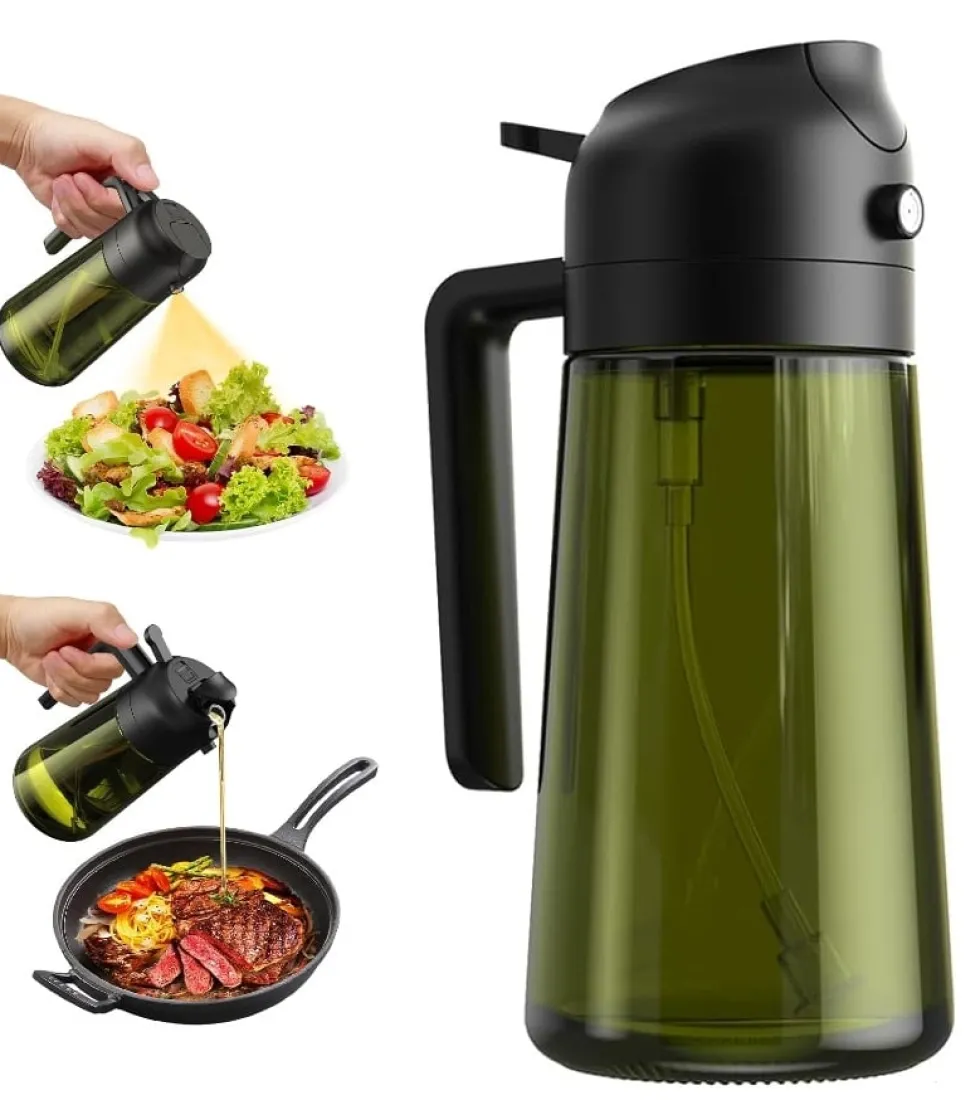 2-i-1 Oljespray & Dispenser – Mörk Glasflaska för Matlagning & Grillning