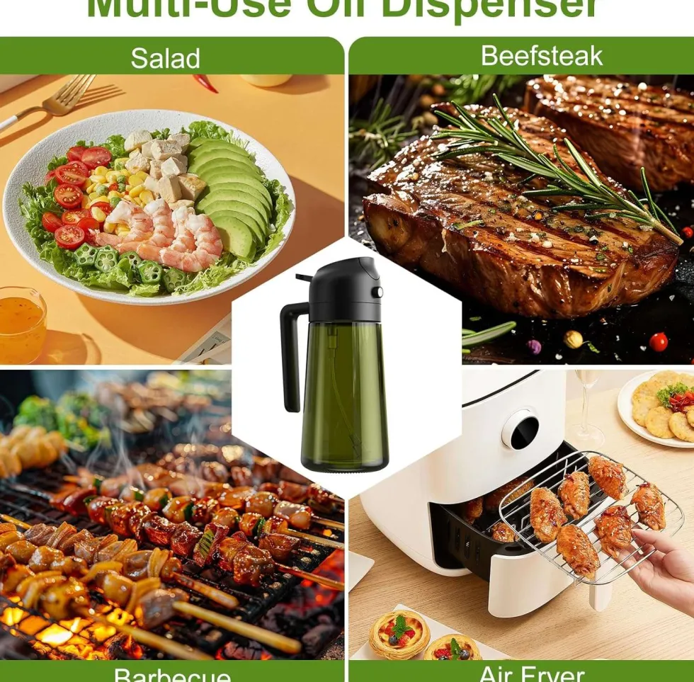 2-i-1 Oljespray & Dispenser – Mörk Glasflaska för Matlagning & Grillning