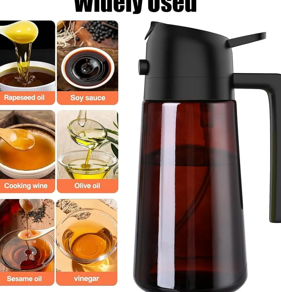 2-i-1 Oljespray & Dispenser – Mörk Glasflaska för Matlagning & Grillning