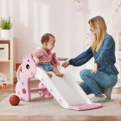 3-i-1-rutschkana för barn, giraffformad, basketkorg, boll, rosa