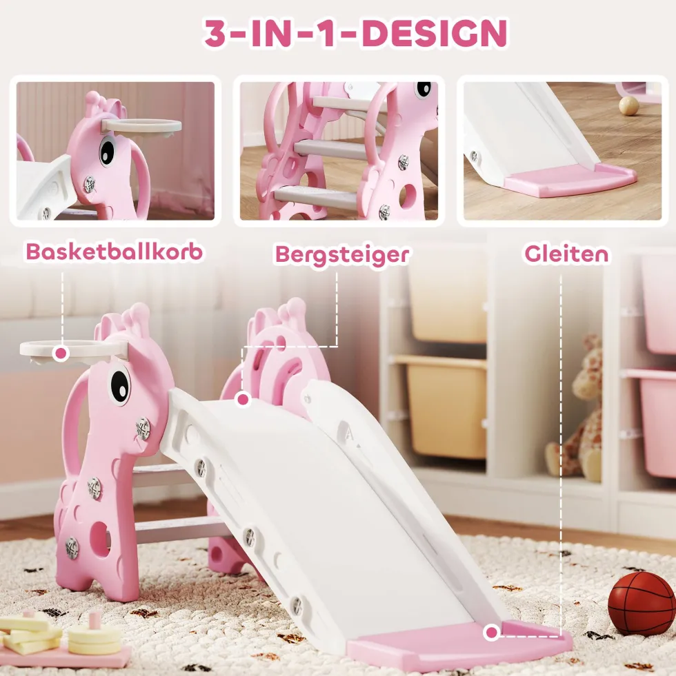 3-i-1-rutschkana för barn, giraffformad, basketkorg, boll, rosa