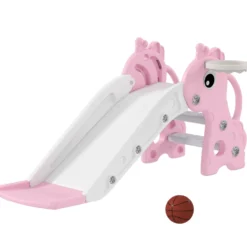3-i-1-rutschkana för barn, giraffformad, basketkorg, boll, rosa