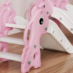 3-i-1-rutschkana för barn, giraffformad, basketkorg, boll, rosa