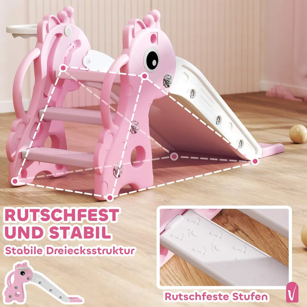 3-i-1-rutschkana för barn, giraffformad, basketkorg, boll, rosa