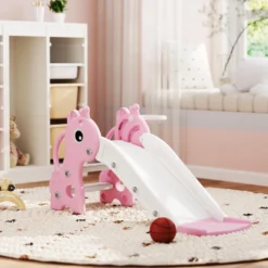 3-i-1-rutschkana för barn, giraffformad, basketkorg, boll, rosa