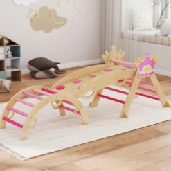 8-i-1 träklättertriangel Montessori klätterställning krontema med båge och ramp rosa